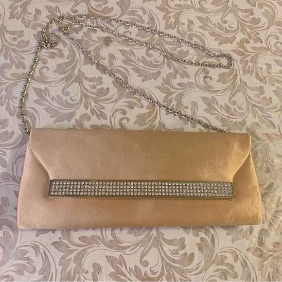Crossbody Evening Bag Gold Satin & Rhinestones Removable Silver Chain Strap NWOT - Picture 1 of 6
